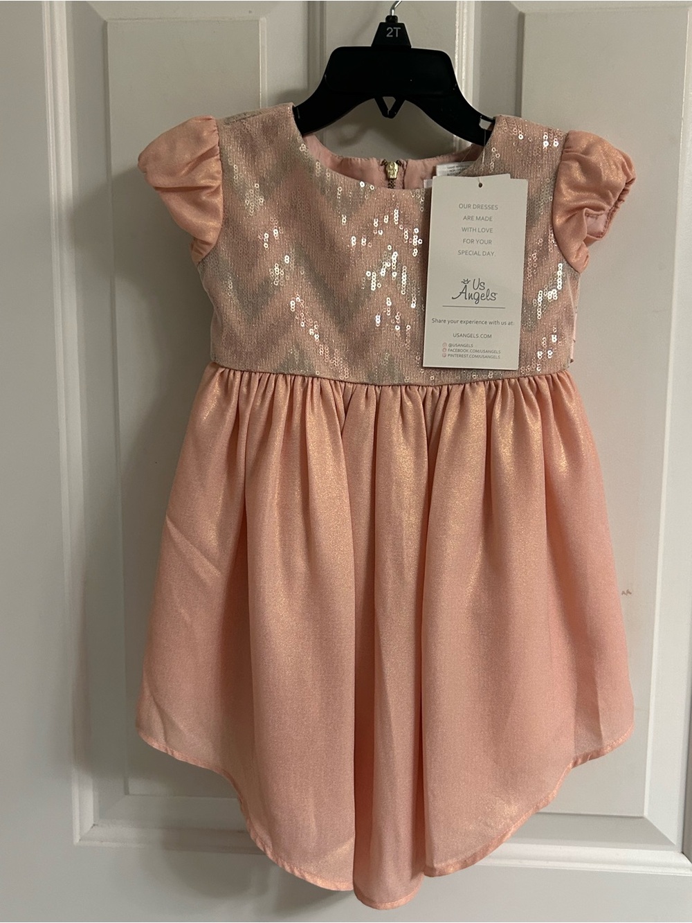 NWT-Us Angels Peach Sequin Bodice Puff Sleeve Formal Dress